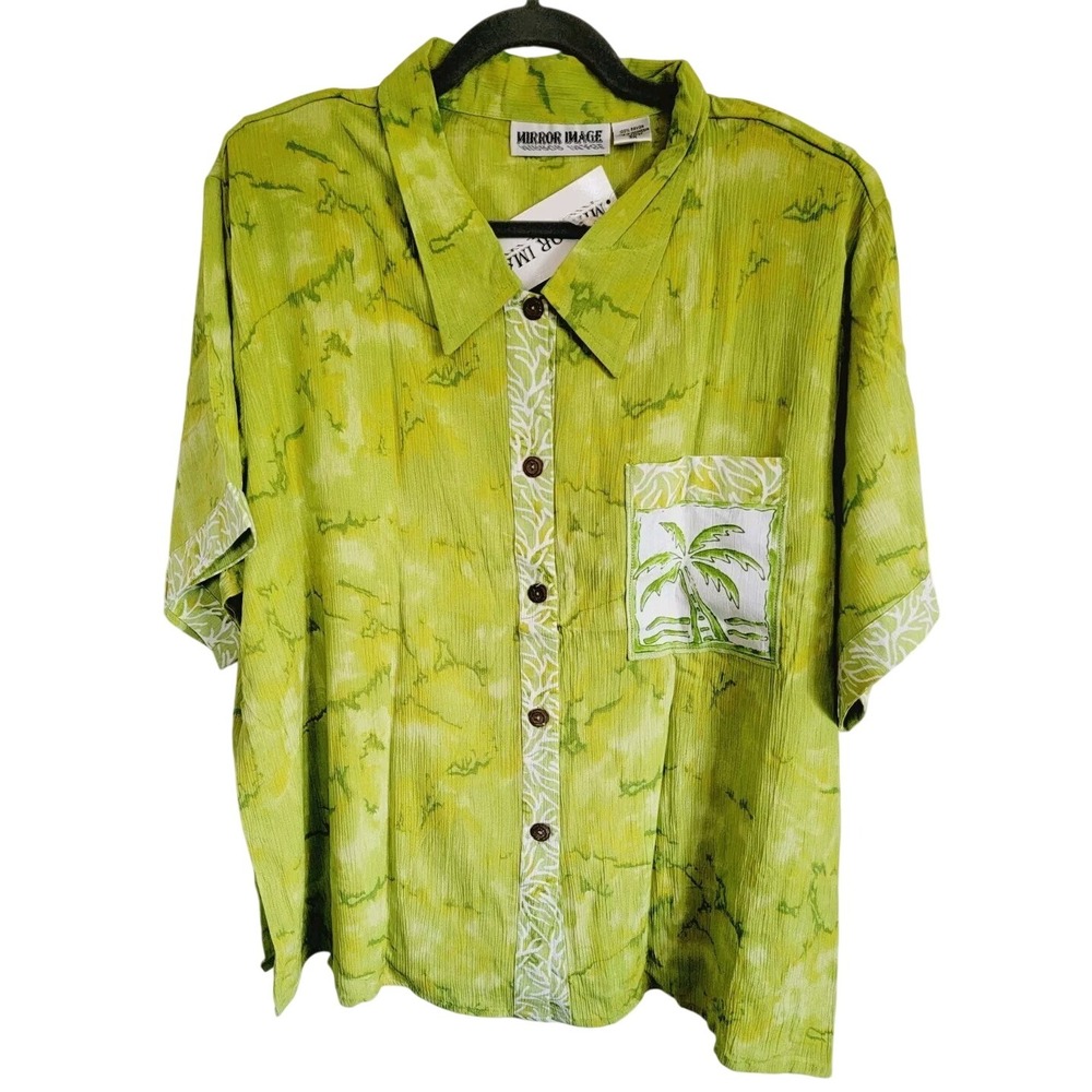 Mirror Image 3X Shirt Women's Green Tropical Button Front‎ Vtg Shoulder Pads NWT